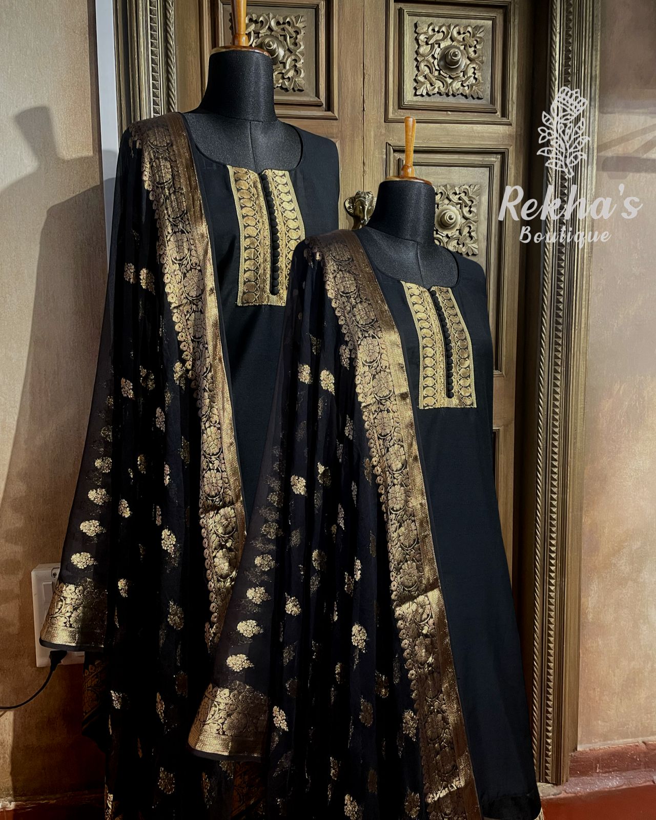 BLACK SLUB SILK TEXTURED WITH BLACK GEORGETTE
