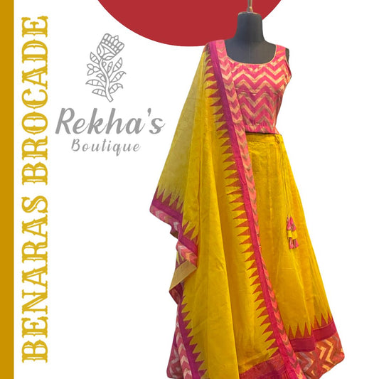 Pink Brocade Top with Yellow Skirt