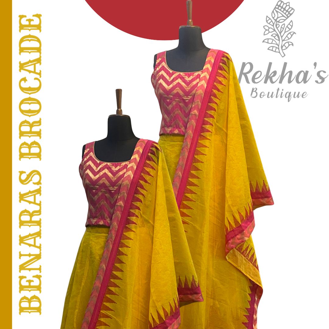 Pink Brocade Top with Yellow Skirt