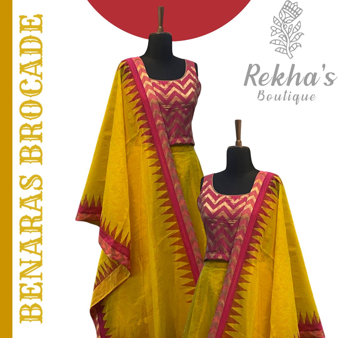 Pink Brocade Top with Yellow Skirt