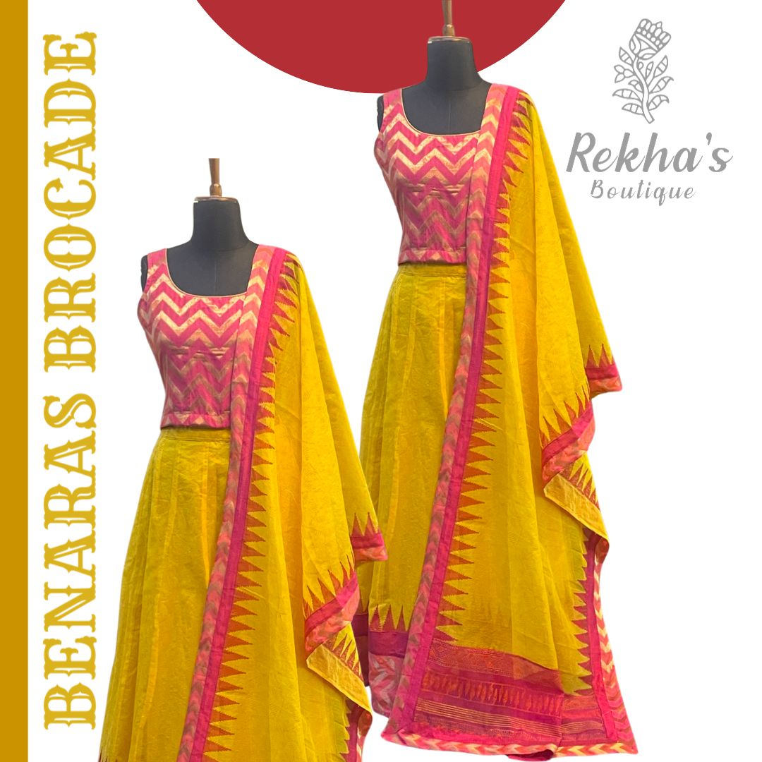 Pink Brocade Top with Yellow Skirt