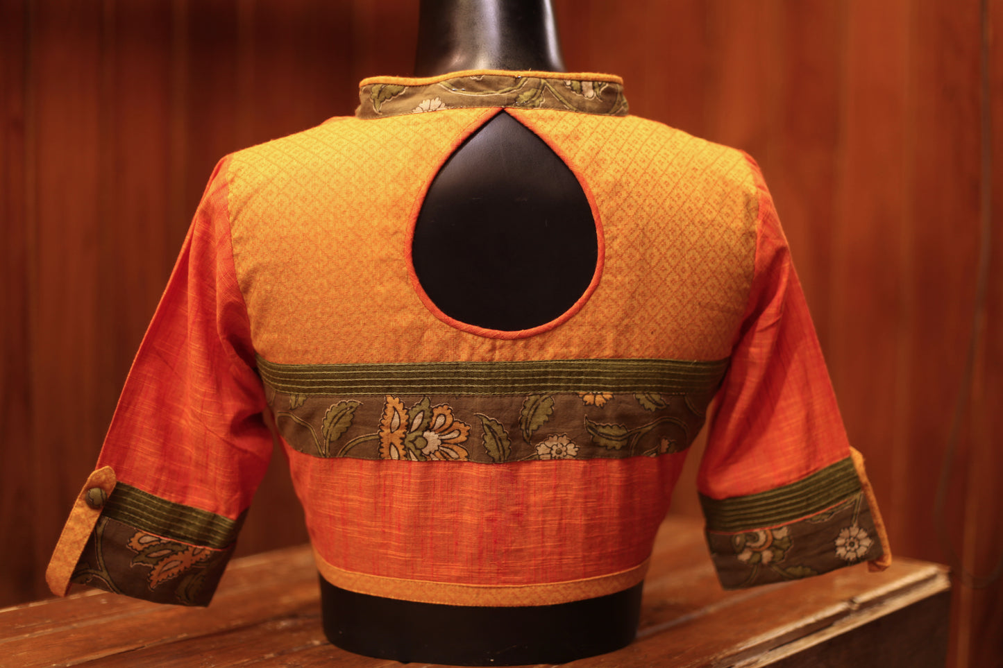 Orange Raw cotton with Kalamkari