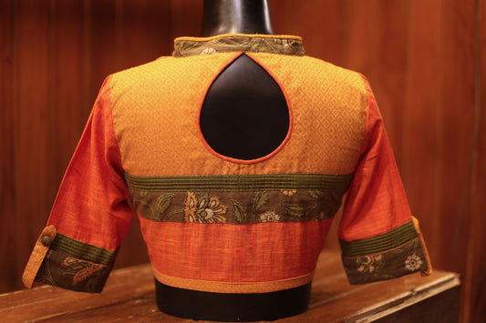 Orange Raw cotton with Kalamkari
