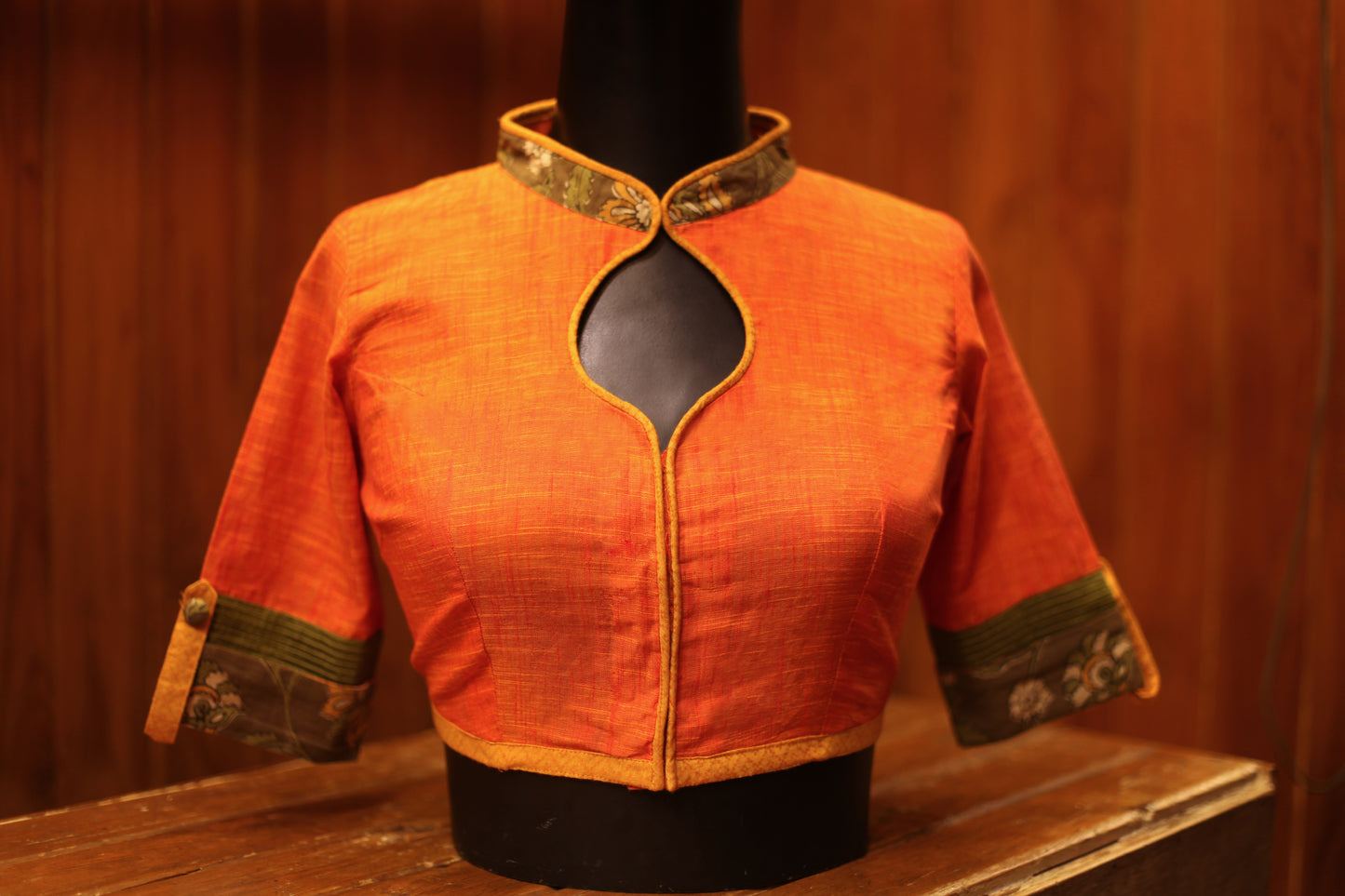 Orange Raw cotton with Kalamkari