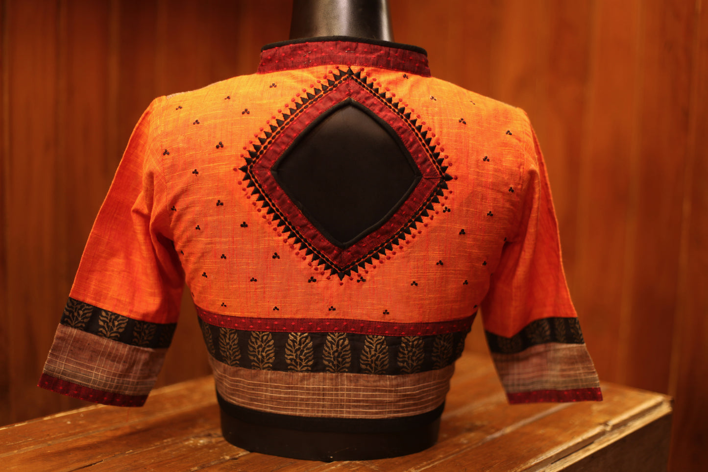 Orange Raw cotton with Maroon dobby