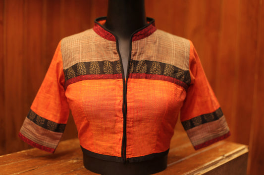 Orange Raw cotton with Maroon dobby
