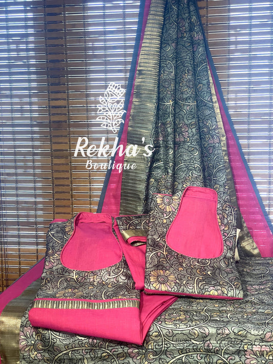 PINK COTTON WITH GREY KALAMKARI