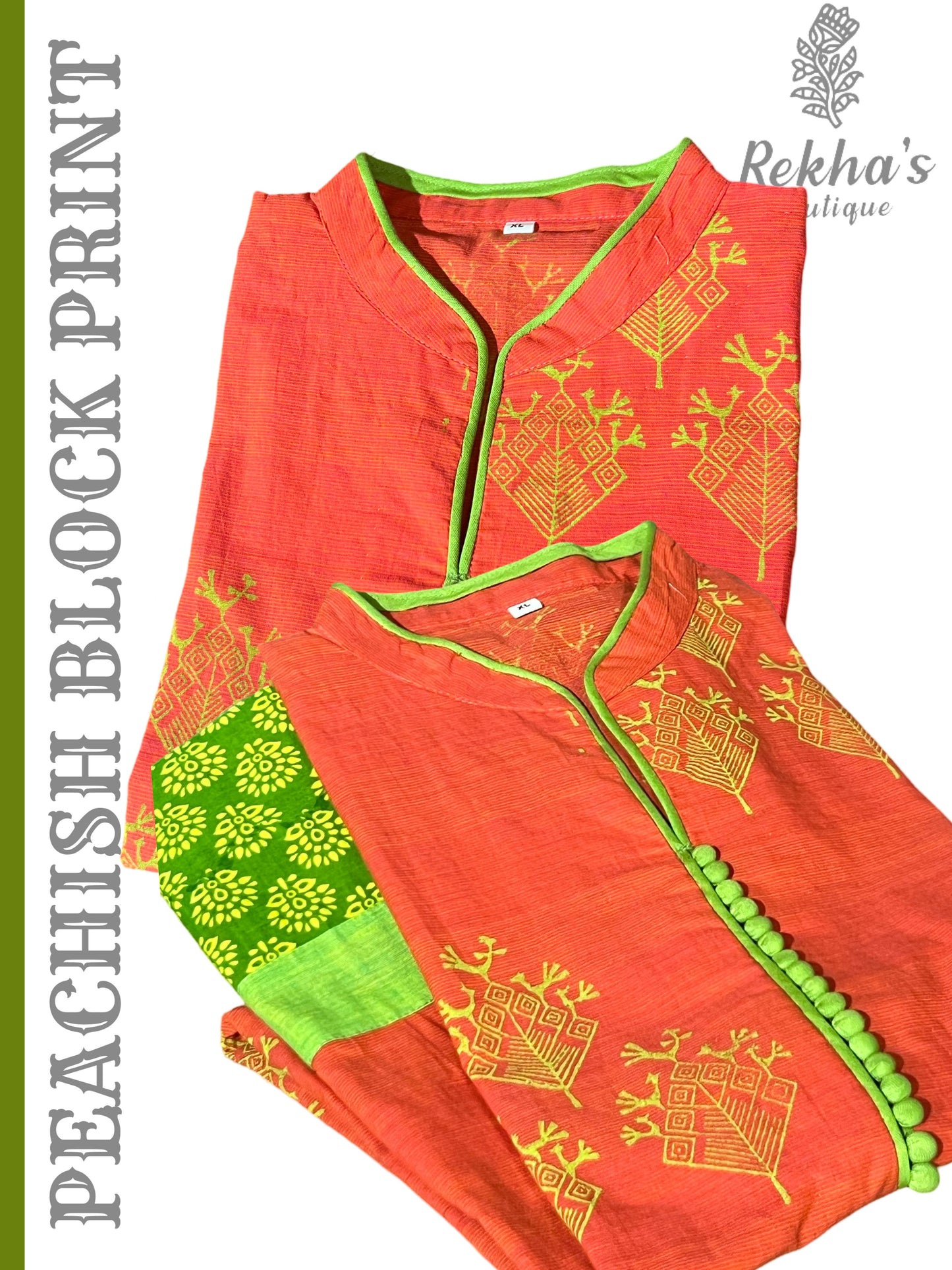 Peachish Cotton with Hand block printed