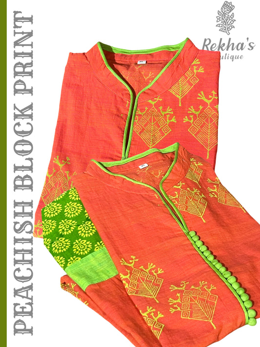 Peachish Cotton with Hand block printed