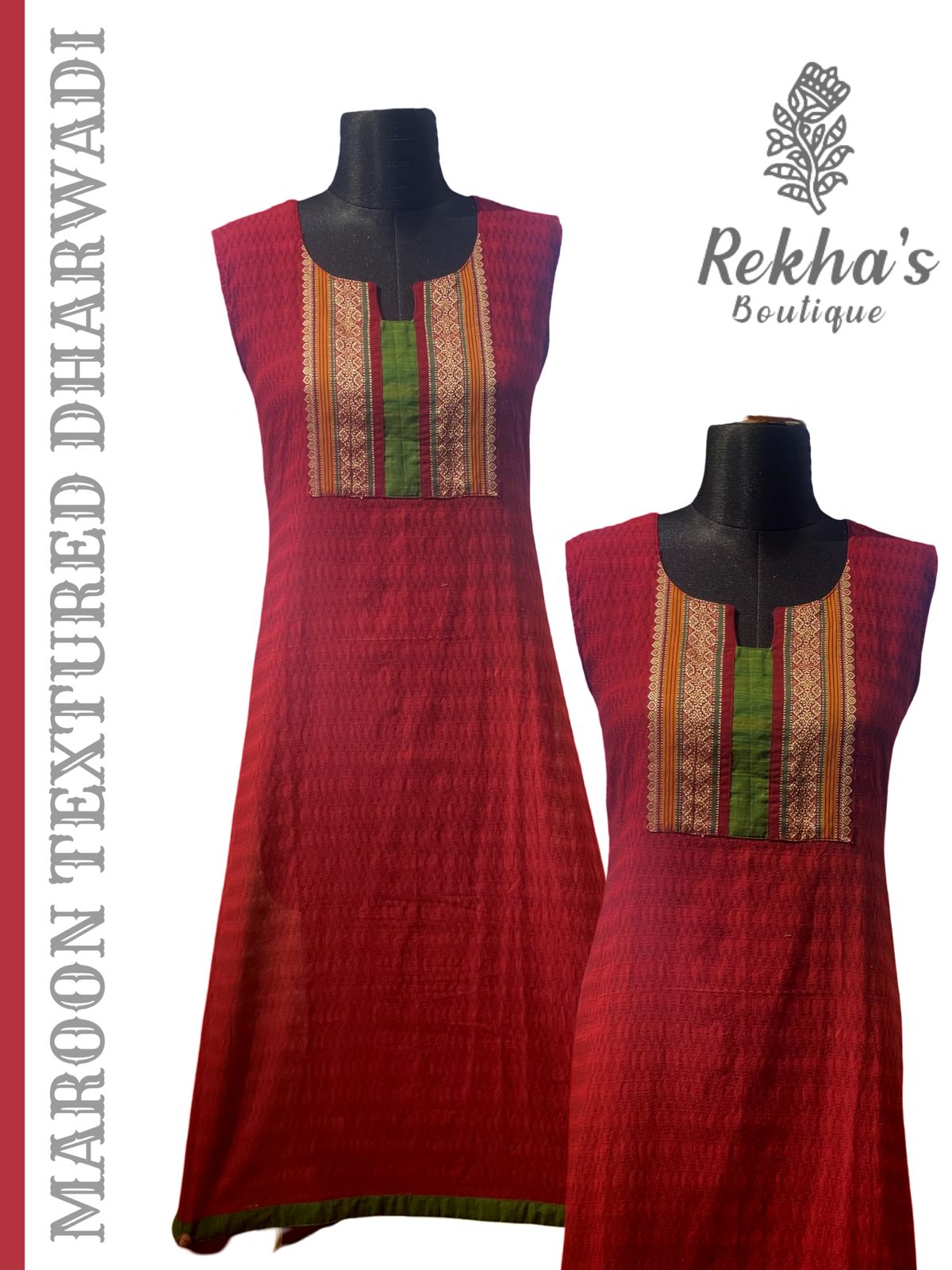 Maroon Dobby Textured Kurti with Contrast Chettinad Green Border