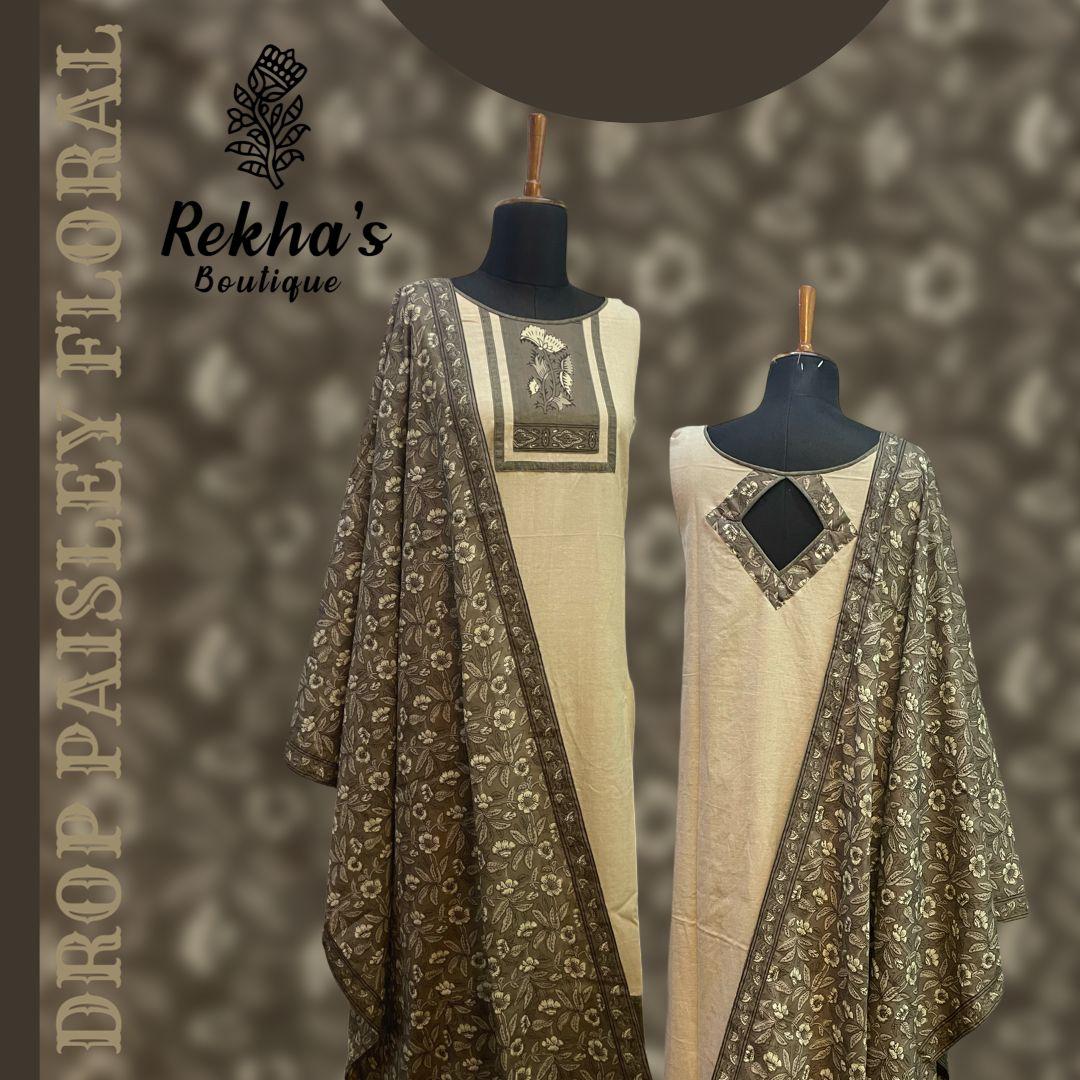 BEIGE & DROP YOKE FRONT & BACK DABBU PRINTED